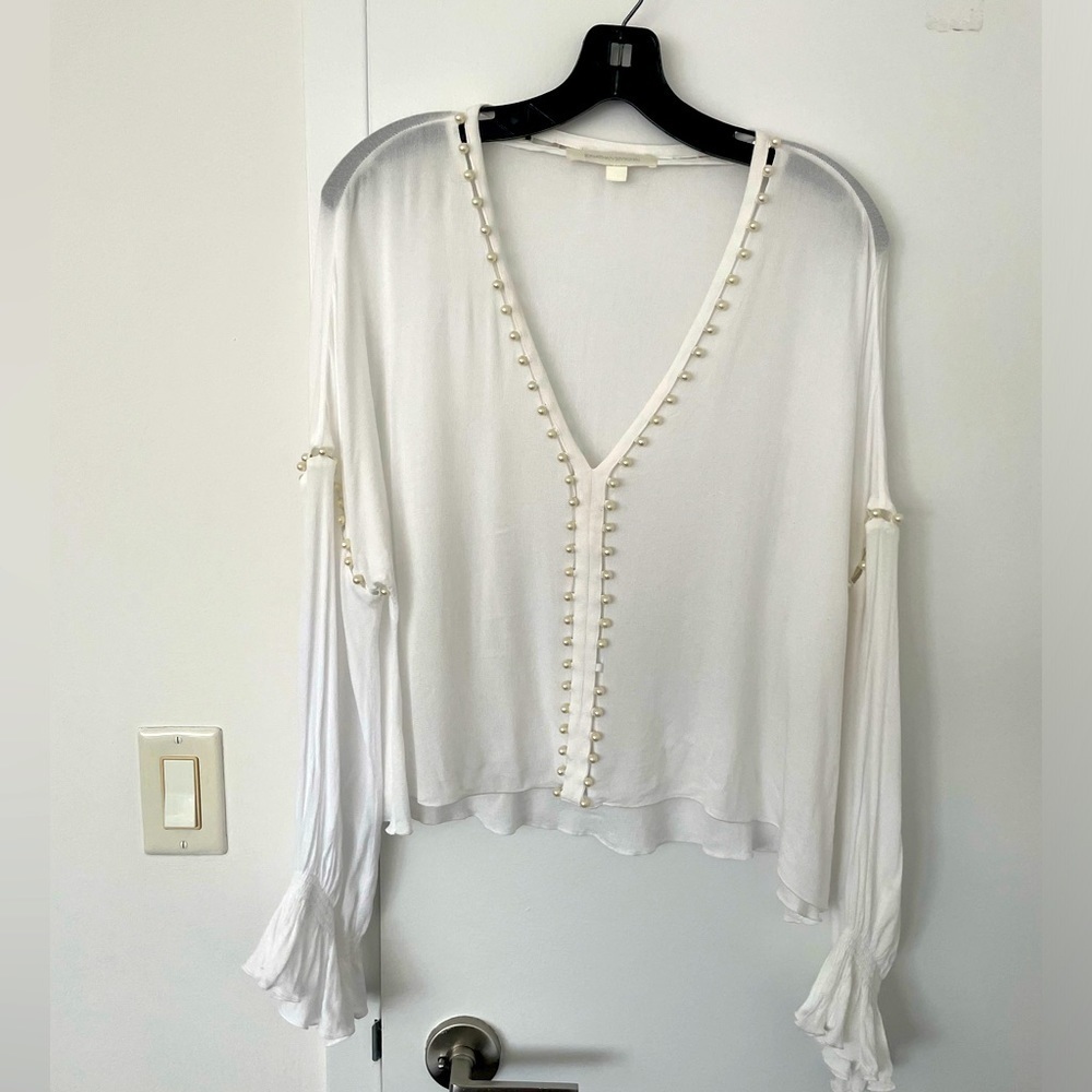 Jonathan Simkhai V-Neck Long-Sleeve Studded Crepe Top with faux pearl